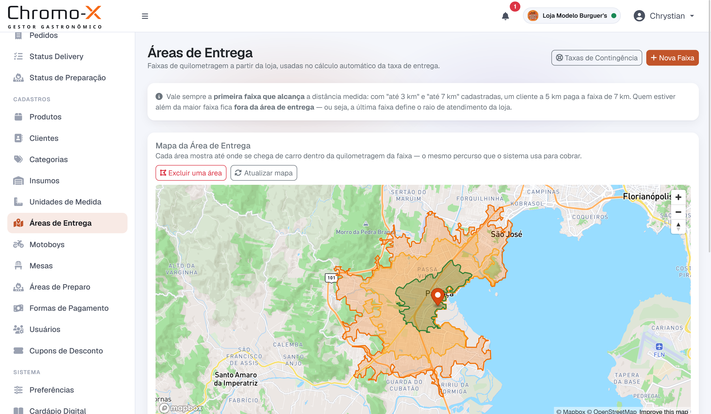 Tela de Áreas de Entrega do Chromo-X: mapa com as faixas de entrega desenhadas pelo percurso de carro a partir da loja, cada uma com sua distância e taxa.