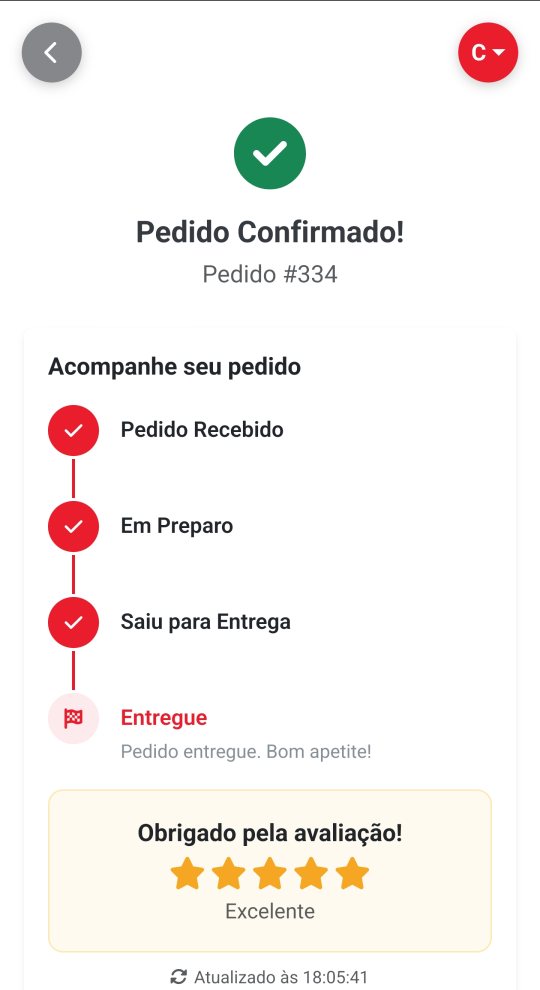 Tela de acompanhamento do pedido no cardápio digital: pedido confirmado, etapas Pedido Recebido, Em Preparo, Saiu para Entrega e Entregue, e a avaliação de cinco estrelas do cliente.